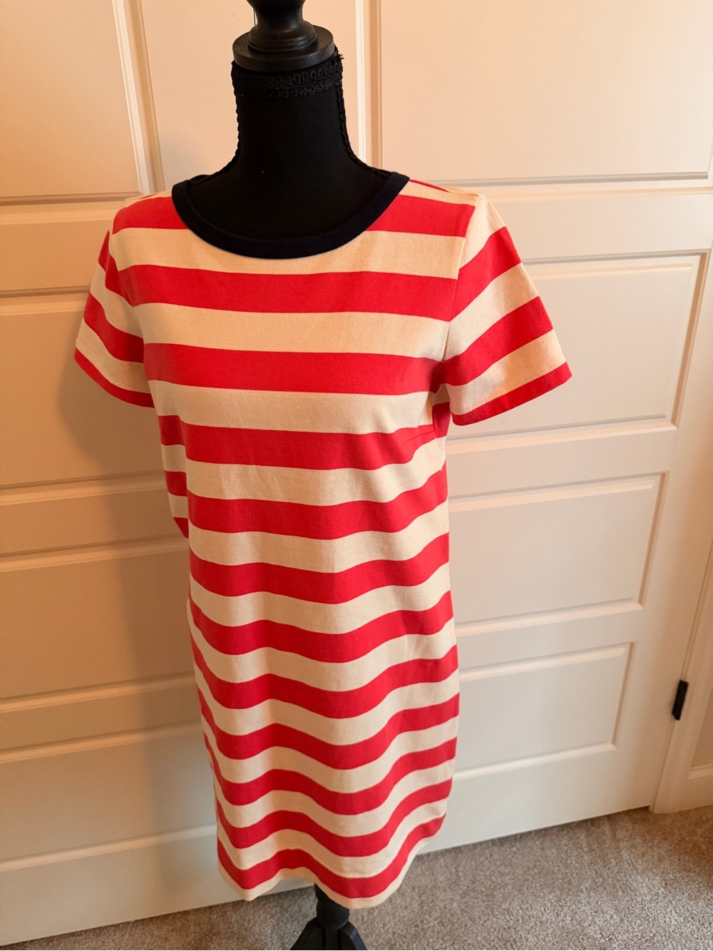 J. Crew Coral and Cream Striped Short Sleeve Shift Dress with Navy Accent